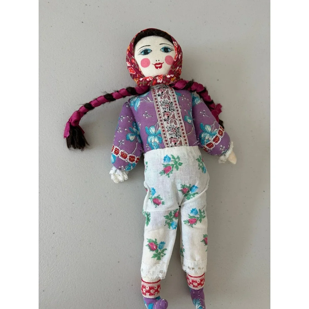 Vintage 70s Russian Babushka Cloth Doll Braided Yarn Hair Folk Art Rag Toy